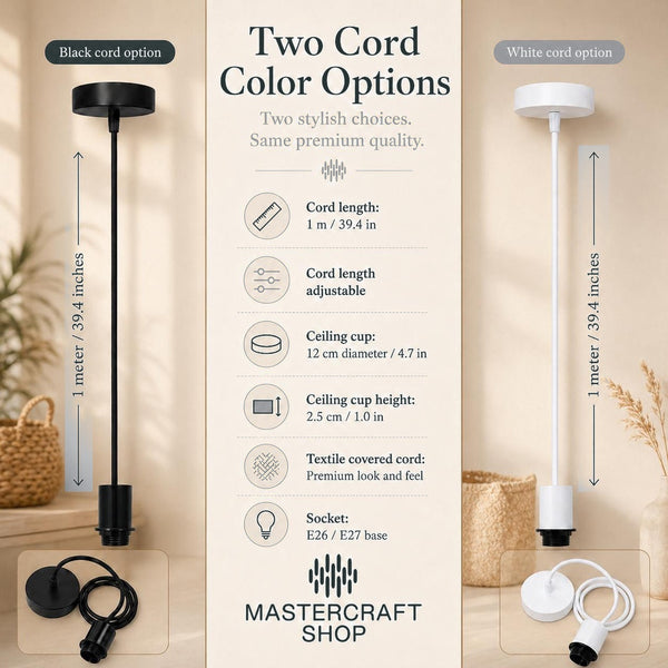Cord colour options: black or white textile cord, 1 m long, with E26/E27 socket