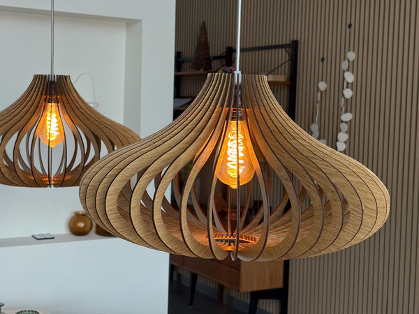 Customer photo (oak): Teardrop wooden pendant light in a customer's home