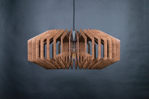 Wide drum wooden pendant light – geometric and Scandinavian design for the dining room