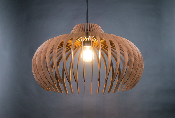 Dome wooden pendant light – geometric and industrial design for the dining room