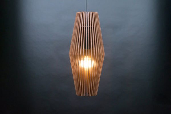 Diamond wooden pendant light – geometric and industrial design for the dining room
