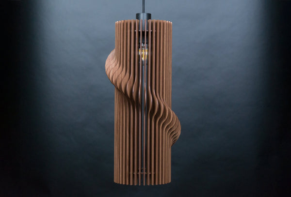 Spiral wooden pendant light – geometric and industrial design for the dining room