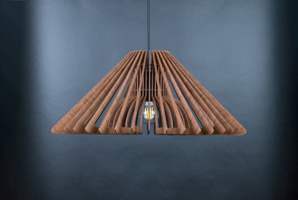 Umbrella 03 wooden pendant light – wide cone of thin wooden slats with a lit bulb, grey-blue background