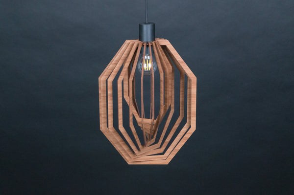 Vertical octagon wooden pendant light – geometric and boho design for the dining room