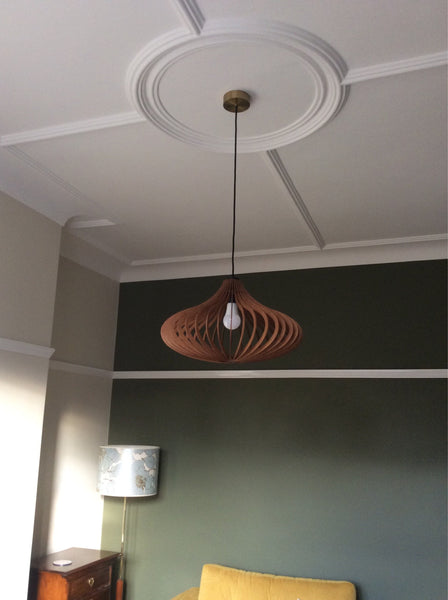 Teardrop wooden pendant light hanging from an ornate ceiling rose in a room with a dark green wall