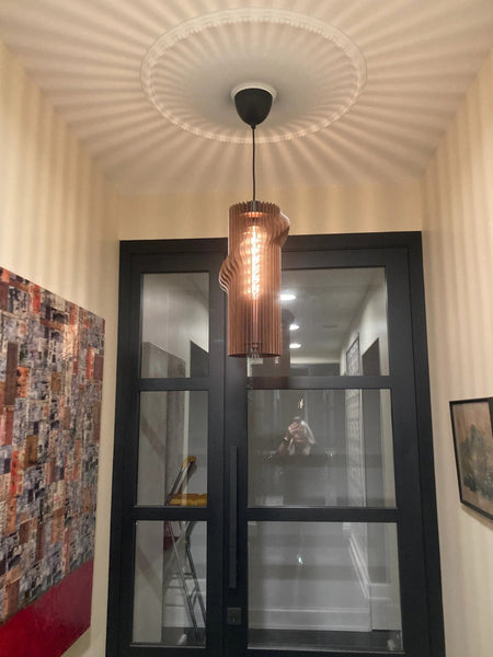 Column wooden pendant light in walnut – geometric design for the dining room