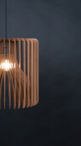 Barrel wooden pendant light in walnut – mid-century and Scandinavian design – photo 3