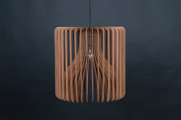 Barrel wooden pendant light in walnut – mid-century and Scandinavian design – photo 9