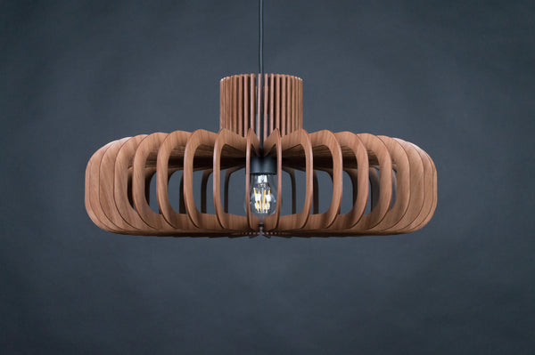 Disc wooden pendant light in walnut – mid-century and Scandinavian design – photo 3