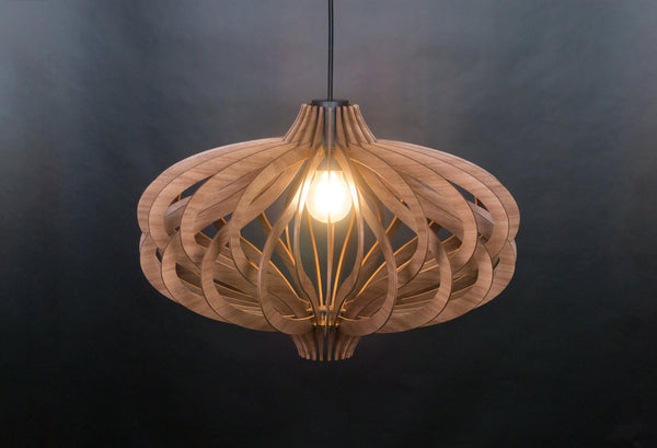 Scandinavian Ceiling Fixture, Wooden Geometric Pendant Light by MastercraftShop, lit
