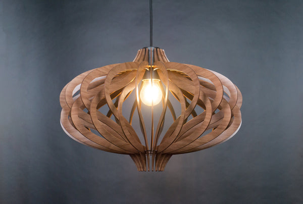 Wood Pendant Shade, Slatted Scandinavian Ceiling Fixture by MastercraftShop, lit