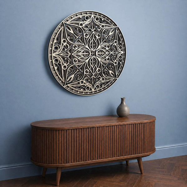 Mandala wooden wall art – sacred geometry decor for boho homes, laser-cut and hand-finished in Klaipėda